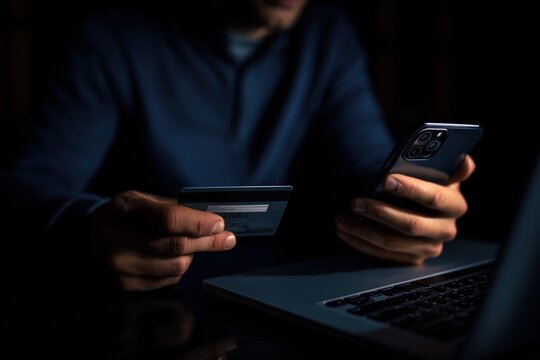 a person is captured in a close up, low light shot, holding a black credit card in their right hand and a black smartphone in their left dark laptop keyboard is visible below their hands Generative AI