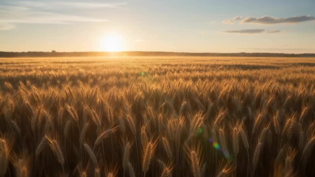 Golden wheat field at sunset, nature's bounty illuminated by the sun's warm glow, a symbol of harvest and tranquility