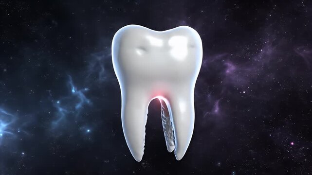 Abstract CGI Representation of Premolar Structure with Two Cusps and a Glowing Red Root Canal on a Dark Cosmic Background for Dental Education and Healthcare Presentations