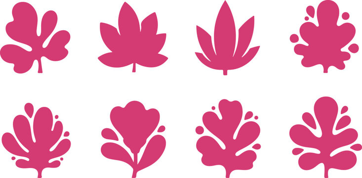 Collection of stylized pink leaf shapes in various natural designs isolated on transparent background
