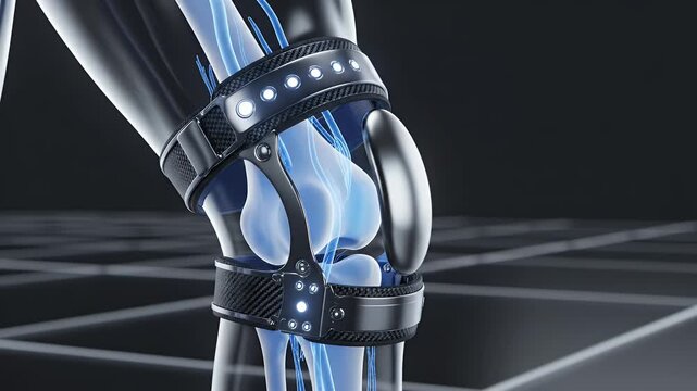 Abstract CGI Representation of Human Knee Joint and Leg Bones with Transparent Blue Veins and Advanced Orthopedic Brace on a Dark Grid Background for Medical Education and Research