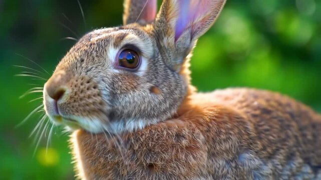 Close-up of a brown rabbit's face in lush green outdoors