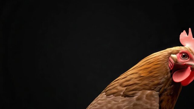 Golden brown and rich brown rooster portrait with dramatic lighting, confident comb and wattle