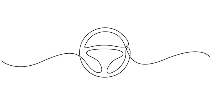 Continuous line drawing of a car steering wheel icon Minimalist one line art of automotive steering wheel symbol Single path line illustration of a driver wheel for car service or transport logo