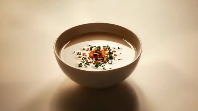 Creamy potato soup with carrot cubes and chopped chive garnish cozy warm minimal bowl presentation