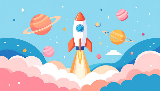 Rocket ship launching toward planets in space cartoon style illustration