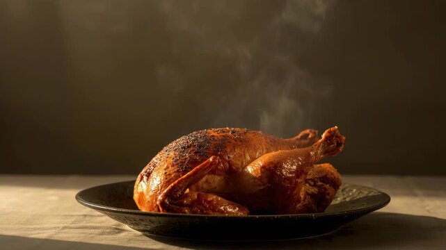 Roast chicken whole chicken steam golden lighting plate roasted poultry warm golden roasted skin