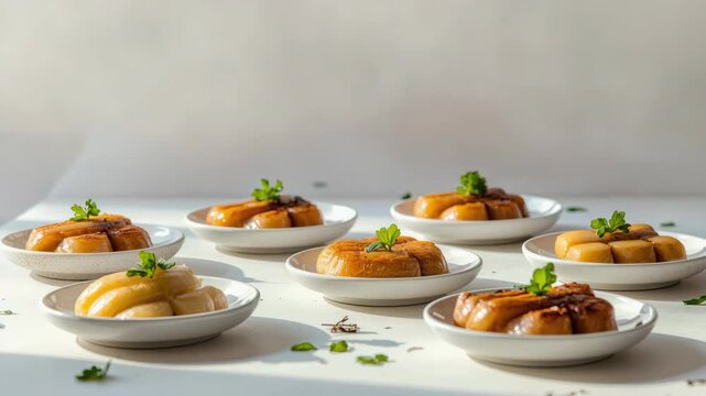 Caramelized pear tarte tatin paired with caramel custard pudding and flan pastry dessert garnished