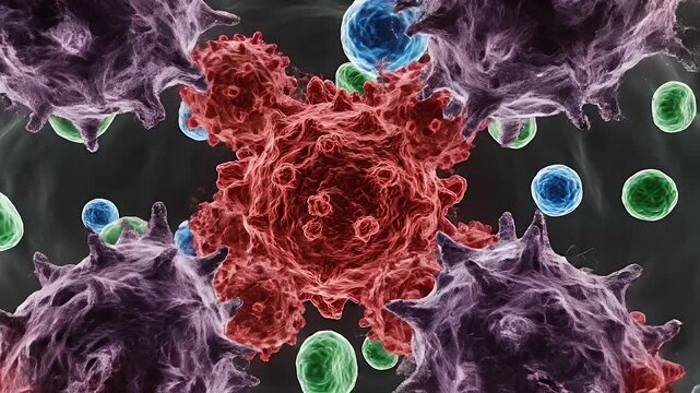 Abstract CGI Representation of Cell Mutation Concept Abnormality with Dividing Cancer Cell Surrounded by Blue and Green Immune Cells on a Dark Medical Background for Healthcare Education