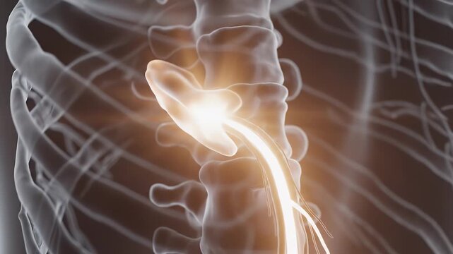 Abstract CGI Representation of Neural Pathway and Spinal Cord with Vertebrae and Ribs Illuminated in a Dark Medical Environment for Educational and Healthcare Presentations with Warm Orange Glow