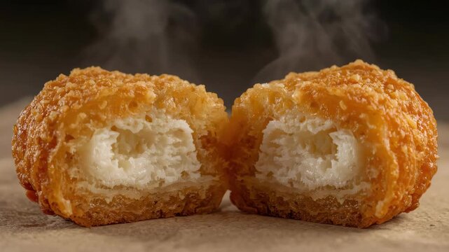 Crispy golden fried pastry with creamy filling steaming closeup food golden crust creamy filling