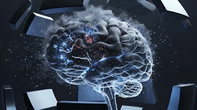 Abstract CGI Representation of Spatial Navigation Confusion with Glowing Neurons and Dark Metallic Structures on a Gray Background Illustrating Neurological Impairment and Cognitive Disarray