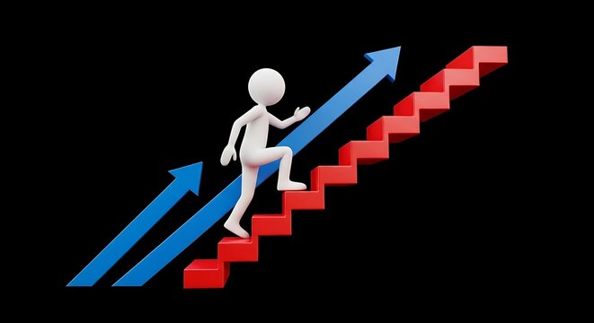 A stick figure climbs red stairs with a blue arrow, symbolizing progress on black