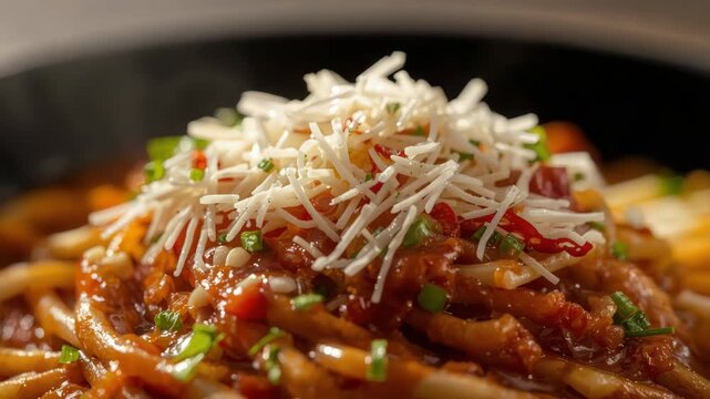 Savory spaghetti tomato sauce grated cheese chives spicy stir fried noodles shredded cheese