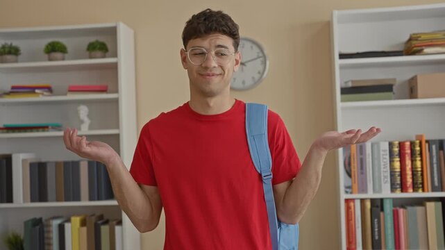 Man with backpack shrugging shoulders in library, clock and bookshelves visible; uncertainty dilemma study.