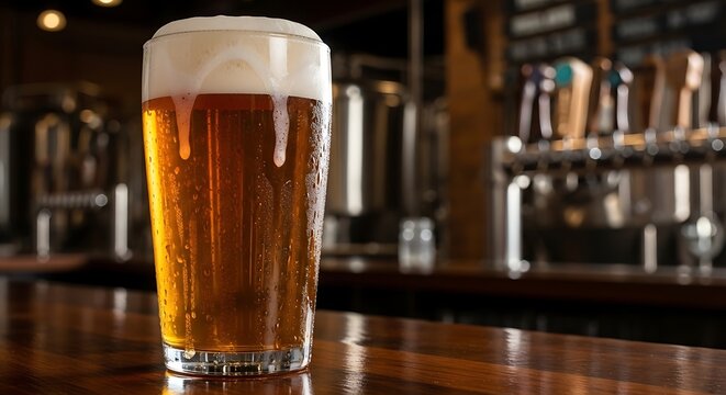 A glass of cold beer with foam sits on a wooden bar top in a pub.