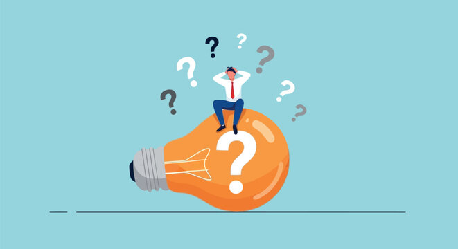 Man sitting on a giant light bulb with question marks