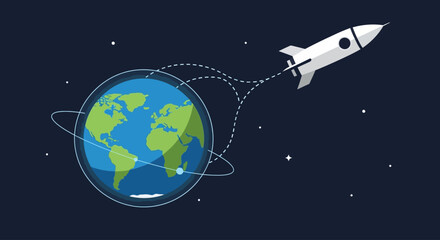 Minimalist flat vector of a space rocket launching from Earth into outer space. © KOKO