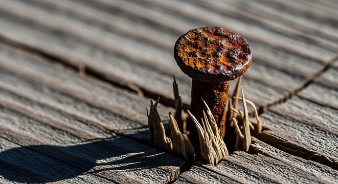 Rusty nail on a weathered wooden surface with splintered wood