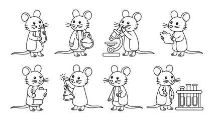 Fototapeta premium Cute Laboratory Mice Line Art Set Funny Science Rodent Characters Collection