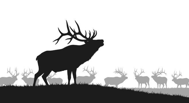 Bull Elk Silhouette Bugling with Herd Vector Illustration