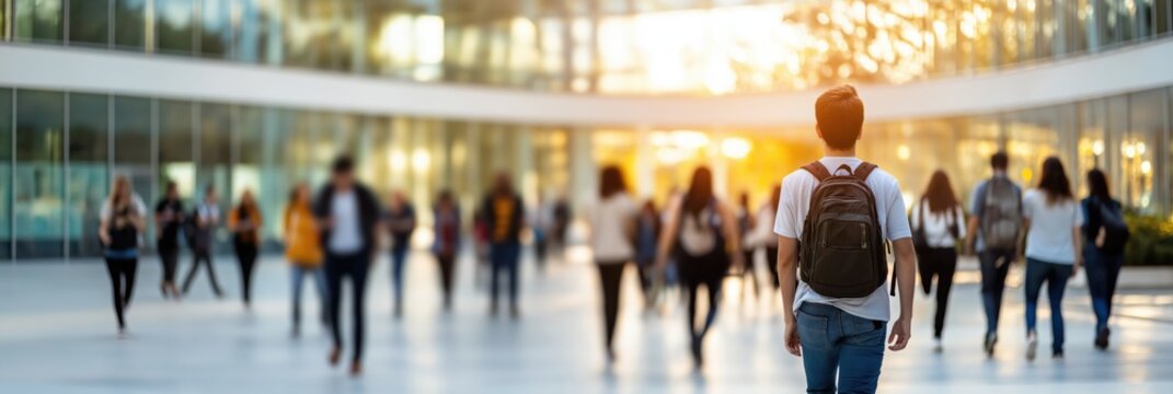 Young man with backpack walking across a university campus square, surrounded by blurred students heading to class