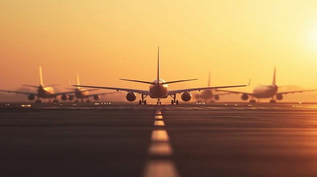 Multiple commercial airplanes lining up on a busy international airport runway during golden hour, ready for takeoff