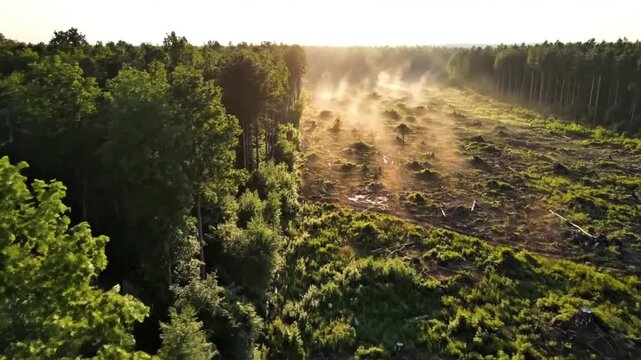 Aerial view of a forest with a clear-cut area showing recent deforestation and dust rising in the sunlight.