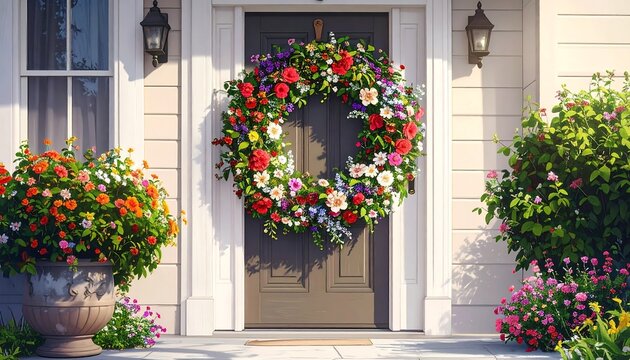 An eye-level exterior shot of a house entrance. The focal point is a colorful floral wreath on a gray door. Potted plants and bushes add to the scene