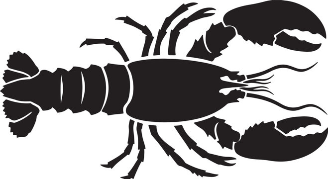 Lobster in horizontal profile with detailed claws and segmented body, bold and graphic black and white vector illustration
