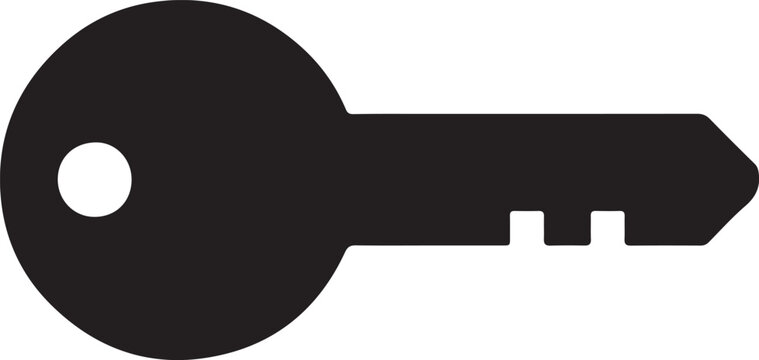 Simple classic key with round bow and minimal bitting, symbolic and minimalist black and white vector illustration
