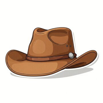A cartoon illustration of a brown cowboy hat with a silver concho on a white background