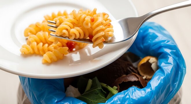 A fork with pasta being thrown into a trash can with blue liner