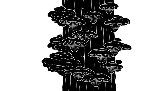 Black and white vector illustration of mushrooms on a tree trunk