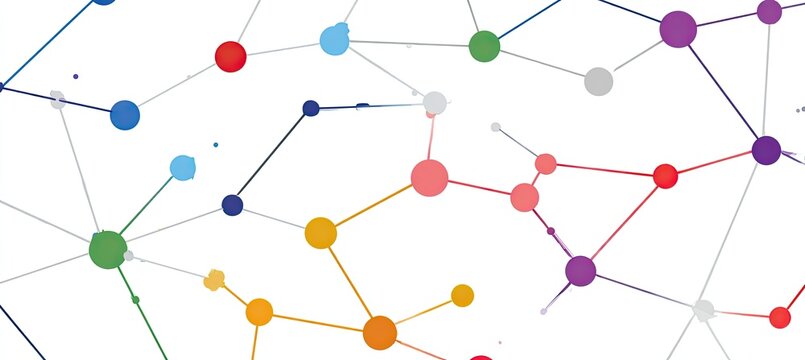 Abstract network of colorful nodes and connecting lines on white