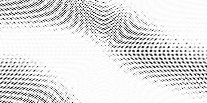 Hexagon halftone gradient texture. Abstract black grunge background. Geometric retro halftone tech overlay. Fading wavy hexagonal pattern backdrop. Vector vanishing honeycomb grunge bitmap wallpaper