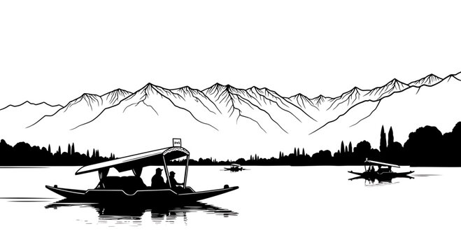 Dal Lake Kashmir Shikara Boat Vector Illustration with Mountains