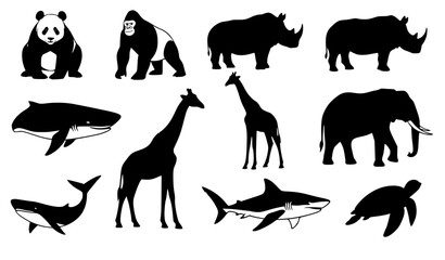 Black animal silhouettes collection including panda gorilla rhino elephant giraffe whale shark sea turtle vector © MD