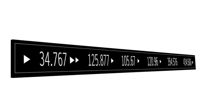 Minimalist black silhouette of a stock ticker display showing financial numbers and arrows, representing market trends and trading.