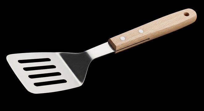 Angled spatula with slotted head and wooden handle, stainless steel, isolated on black
