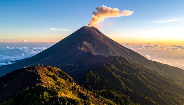 A majestic volcanic peak expels ash into the sky during sunrise. Lush green slopes lead to the summit