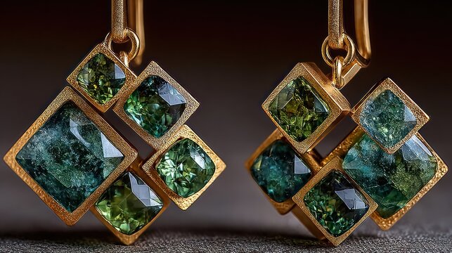 Exquisite modern geometric gold earrings featuring vibrant green emeralds and sapphires