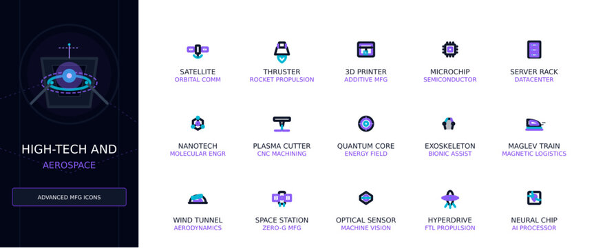 Advanced High-Tech and Aerospace Industry Icons Digital Concepts in Stylish Dark Blue and Purple