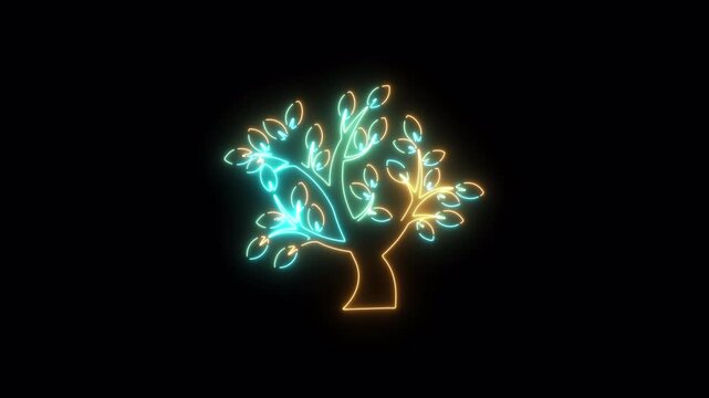 Tree icon, green, blue, and yellow with glowing animation on a transparent background, 4K video
