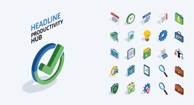 Icon Set for UI UX Web and App Design Vector, Isometric productivity and business management icon set for office workflow and task planning