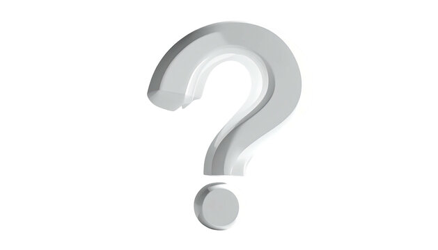 A 3D silver question mark symbol on a pure white background