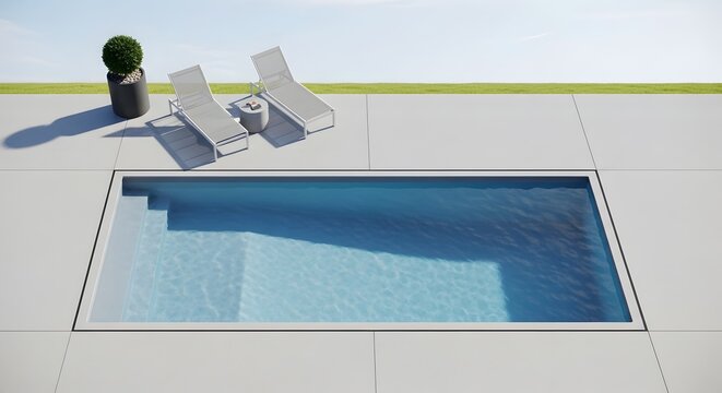 Modern rectangular swimming pool with solar panels and green landscape background