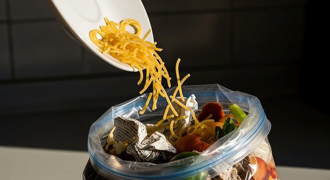 Food waste being thrown away in a clear plastic container