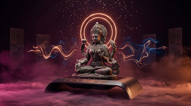 Ancient deity statue on modern high tech glowing platform