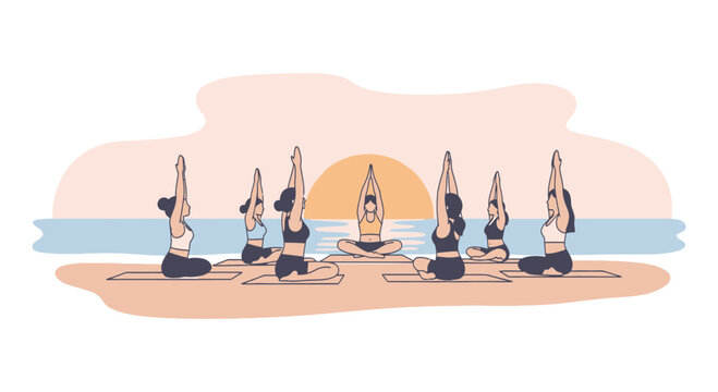 Women practicing yoga on the beach at sunset vector illustration